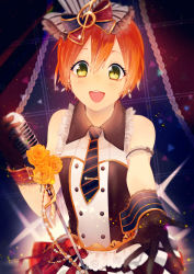 Rule 34 | 10s, 1girl, :d, bare shoulders, eyebrows, female focus, flower, gloves, green eyes, happy, headdress, highres, hoshizora rin, jewelry, looking at viewer, love live!, love live! school idol festival, love live! school idol project, microphone, necktie, open mouth, orange hair, shiu, short hair, smile, solo, tongue, yellow eyes