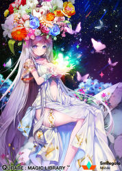 Rule 34 | blooming, breasts, bug, butterfly, choker, copyright name, dress, flower, gown, grin, head wreath, highres, insect, kanola u, large breasts, light purple hair, long hair, looking at viewer, magic, navel, night, night sky, plant on head, purple eyes, qurare magic library, rock, sitting, sky, smile, solo, sparkle, star (sky), starry sky, thigh strap, very long hair, watermark, wrist cuffs