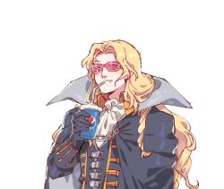 Rule 34 | 1boy, alucard (castlevania), blonde hair, cape, castlevania: symphony of the night, castlevania (series), chain, cup, dhampir, drinking, drinking straw, fang, gloves, half-human, jeto (jetopyon), long hair, long sleeves, male focus, pepsi, shutter shades, simple background, smile, solo, undead, upper body, vampire, white background
