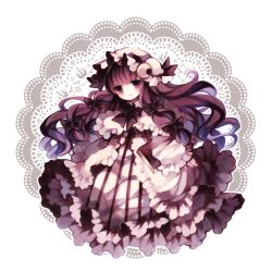 Rule 34 | 1girl, bad id, bad pixiv id, book, bow, colored pencil (medium), dress, frilled dress, frills, hat, highres, long hair, marker (medium), namakuby, patchouli knowledge, purple hair, ribbon, solo, touhou, traditional media, white background