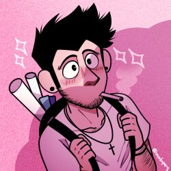 Rule 34 | 1boy, absurdres, alex (michopanq), artist name, bag, beard, black hair, blush, cigarette, cross, cross necklace, ear piercing, facial hair, highres, jewelry, looking at another, looking up, male focus, michopanq, necklace, original, piercing, pink background, shirt, short hair, signature, simple background, smoke, smoking, sparkle, spiked hair, t-shirt, twitter username, upper body