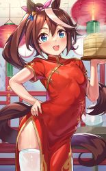 Rule 34 | 1girl, absurdres, animal ears, baozi, blue eyes, blush, breasts, brown hair, chinese clothes, commentary request, food, hair ornament, highres, horse ears, horse girl, horse tail, lantern, long hair, looking at viewer, mikumo (lpmkookm), open mouth, ponytail, small breasts, smile, solo, tail, thighhighs, tokai teio (umamusume), umamusume