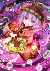 Rule 34 | 1girl, :d, barefoot, bowl, floral print, hammer, hat, japanese clothes, kimono, long sleeves, miracle mallet, needle, obi, open mouth, perspective, pink eyes, purple hair, sash, smile, solo, sukuna shinmyoumaru, touhou, toutenkou, wide sleeves