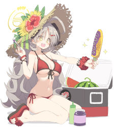Rule 34 | + +, 1girl, ahoge, bikini, black horns, blue archive, bottle, breasts, cleavage, cooler, corn cob, flower, food, fruit, grey hair, halo, hat, hat flower, highres, holding, holding food, horns, izumi (blue archive), izumi (swimsuit) (blue archive), jar, large breasts, long hair, nail polish, open mouth, red bikini, red flower, red footwear, red nails, sandals, satou kibi, scrunchie, simple background, sitting, solo, sparkle, swimsuit, very long hair, watermelon, white background, wrist scrunchie, yellow eyes, yellow flower