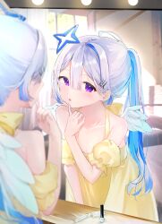 Rule 34 | 1girl, absurdres, amane kanata, bare shoulders, blue hair, blue halo, blurry, blush, breasts, cleavage, commentary request, depth of field, dress, eme (emeralda), feathered wings, grey hair, hair ornament, halo, hand up, highres, hololive, indoors, leaning forward, looking at mirror, looking at viewer, mini wings, mirror, multicolored hair, off-shoulder dress, off shoulder, open mouth, ponytail, puffy short sleeves, puffy sleeves, purple eyes, short sleeves, single hair intake, small breasts, solo, star halo, streaked hair, virtual youtuber, white wings, wings, yellow dress