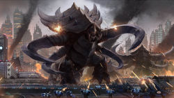 Rule 34 | 4others, 6+boys, action, alien, armor, attack, battle, blue armor, building, cityscape, claws, debris, destruction, epic, explosion, fire, firing, flying, giant, giant monster, glowing, glowing eyes, gun, highres, holding, holding gun, holding weapon, landscape, laser, male focus, marine (starcraft), mecha, military, military vehicle, monster, multiple boys, multiple others, mutalisk, open mouth, outdoors, overlord (starcraft), power armor, power suit, realistic, red eyes, rifle, robot, scenery, science fiction, sharp teeth, siege tank (starcraft), smoke, spikes, starcraft, starcraft 2: wings of liberty, teeth, terran, projectile trail, ultralisk, weapon, zerg, zhen lu