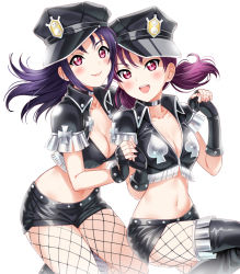 Rule 34 | 10s, 2girls, :d, alternate hairstyle, believe again, black choker, black gloves, black shorts, blush, boots, breasts, choker, cleavage, club (shape), collarbone, crop top, cross, fingerless gloves, fishnet pantyhose, fishnets, fringe trim, gloves, hair down, hat, highres, holding hands, kazuno leah, kazuno sarah, knee boots, lips, long hair, looking at viewer, love live!, love live! sunshine!!, love live! sunshine!! the school idol movie over the rainbow, low twintails, medium breasts, midriff, multiple girls, navel, open mouth, pantyhose, peaked cap, purple hair, red eyes, saint snow, sankuro (agoitei), short shorts, short sleeves, shorts, siblings, sidelocks, simple background, sisters, small breasts, smile, spade (shape), spoilers, stomach, teeth, twintails, upper teeth only, white background, wing collar