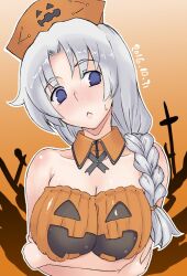 Rule 34 | 1girl, :&lt;, alternate costume, arms under breasts, blue eyes, blush, braid, braided ponytail, breasts, cleavage, closed mouth, collar, commentary request, dated, detached collar, empty eyes, grey hair, hair over shoulder, halloween, hat, highres, jack-o&#039;-lantern print, kei jiei, large breasts, long hair, looking to the side, nose blush, nurse cap, one-hour drawing challenge, orange background, orange collar, orange hat, parted bangs, single braid, solo, touhou, upper body, yagokoro eirin
