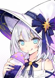 Rule 34 | 1girl, :q, animal ear fluff, animal ears, blue eyes, blue ribbon, blush, byulzzi, cat ears, closed mouth, cup, drink, drinking straw, hat, hat ribbon, holding, holding cup, long hair, looking at viewer, neck ribbon, off shoulder, original, portrait, ribbon, shirt, silver hair, smile, solo, tongue, tongue out, white background, white hat, white shirt, witch hat