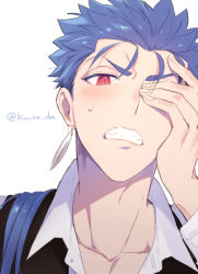 Rule 34 | 1boy, alternate costume, artist name, blue hair, blush, collared shirt, cu chulainn (fate), cu chulainn (fate/stay night), fate/extella, fate/extella link, fate/extra, fate/grand order, fate/hollow ataraxia, fate/stay night, fate (series), ku ra da, long hair, looking at viewer, male focus, ponytail, red eyes, shirt, simple background, solo, spiked hair, sweat, teeth, upper body, white background, white shirt