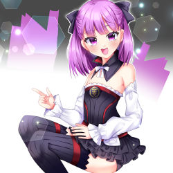 Rule 34 | 1girl, :d, bare shoulders, black bow, black dress, black thighhighs, bow, clip studio paint (medium), commentary request, detached sleeves, dress, fate/grand order, fate (series), feet out of frame, gradient background, grey background, hair bow, helena blavatsky (fate), long sleeves, misaki (misaki86), open mouth, puffy long sleeves, puffy sleeves, purple eyes, purple hair, ribbed legwear, round teeth, sleeves past wrists, smile, solo, strapless, strapless dress, teeth, thighhighs, upper teeth only, white background, white sleeves