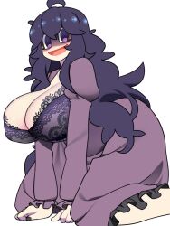 Rule 34 | 1girl, @ @, ahoge, bellupup, black bra, black nail polish, black nails, bra, breasts, cleavage, creatures (company), dress, game freak, hex maniac (pokemon), highres, huge breasts, kneeling, long hair, long sleeves, looking at viewer, messy hair, nail polish, nintendo, open clothes, open mouth, pokemon, pokemon xy, purple dress, purple hair, simple background, smile, solo, underwear, white background