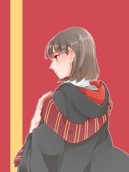 Rule 34 | 1girl, absurdres, black cloak, blush, cloak, closed mouth, collared shirt, commentary request, grey sweater, harry potter (series), highres, inami anju, kashikaze, love live!, love live! sunshine!!, outline, real life, red background, red eyes, red scarf, scarf, shirt, short hair, solo, sweater, takami chika, two-tone background, upper body, voice actor, voice actor connection, white outline, white shirt, wizarding world, yellow background