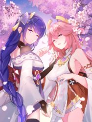 Rule 34 | 2girls, animal ears, breasts, cherry blossoms, closed mouth, commentary request, earrings, fox ears, genshin impact, hair ornament, highres, japanese clothes, jewelry, kimono, large breasts, lingshalan, long hair, miko, multiple girls, nail polish, open mouth, pink hair, purple eyes, purple hair, purple kimono, raiden shogun, smile, yae miko