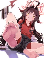 Rule 34 | 1girl, ahoge, barefoot, black hair, black horns, black shorts, black tail, blue archive, collarbone, collared shirt, demon horns, feet, flat chest, hair intakes, halo, highres, horns, kasumi (blue archive), long hair, looking at viewer, oozumi 03, open mouth, red halo, red shirt, shirt, shirt tucked in, shorts, soles, solo, toes, yellow eyes