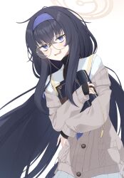 Rule 34 | 1girl, bags under eyes, black hair, blue archive, blush, book, brown cardigan, buttons, cardigan, chloette, glasses, hairband, highres, holding, holding book, long hair, long sleeves, looking at viewer, open mouth, purple eyes, purple hairband, round eyewear, sailor collar, simple background, solo, ui (blue archive), white background, white sailor collar