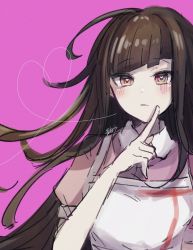 Rule 34 | 1girl, apron, black hair, blunt bangs, blush, brown eyes, closed mouth, commentary request, danganronpa (series), danganronpa 2: goodbye despair, dress, heart, heart-shaped pupils, highres, index finger raised, long hair, looking at viewer, pink background, pink dress, puffy short sleeves, puffy sleeves, short sleeves, signature, simple background, solo, straight hair, symbol-shaped pupils, tsumiki mikan, twitter username, upper body, white apron, zui nianshao