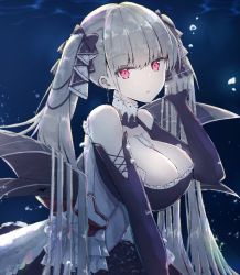 Rule 34 | 1girl, :o, azur lane, bare shoulders, between breasts, black dress, blush, breasts, bubble, butasanp, cleavage, commentary request, dress, earrings, flight deck, formidable (azur lane), frilled dress, frills, grey hair, hair ribbon, hand up, head tilt, highres, jewelry, large breasts, long hair, long sleeves, looking at viewer, red eyes, ribbon, rigging, solo, twintails, two-tone dress, two-tone ribbon, underwater, very long hair