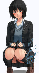 Rule 34 | amagami, black cardigan, black hair, black skirt, blue sweater, blush, brown eyes, brown footwear, cardigan, clothes lift, collared shirt, commentary, dated, dress shirt, highres, kibito high school uniform, knees together feet apart, lifted by self, light smile, loafers, long sleeves, looking at viewer, nanasaki ai, open cardigan, open clothes, pleated skirt, school uniform, shadow, shirt, shoes, short hair, signature, simple background, skirt, skirt lift, smile, squatting, sweater, swimsuit, swimsuit under clothes, twitter username, upskirt, white background, white shirt, yoo tenchi