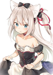 Rule 34 | 1girl, :t, animal ears, azur lane, bare shoulders, black bow, black dress, blue eyes, blush, bow, breasts, cat ears, choker, closed mouth, collarbone, commentary request, detached sleeves, dress, hair between eyes, hair bow, hair ribbon, hammann (azur lane), long hair, looking at viewer, midorikawa you, one side up, pout, puffy short sleeves, puffy sleeves, red choker, red ribbon, remodel (azur lane), ribbon, short sleeves, sidelocks, silver hair, simple background, small breasts, solo, strapless, strapless dress, very long hair, white background, wrist cuffs