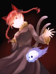 Rule 34 | 1girl, animal ears, blue fire, braid, cat ears, cat tail, dark background, extra ears, fire, flaming skull, floating hair, floating skull, gradient background, highres, hitodama, kaenbyou rin, long hair, multiple tails, nekomata, pointy ears, red background, red eyes, red hair, simple background, solo, tail, touhou, twin braids, twintails, two tails, whitebait0