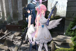 Rule 34 | 2girls, angel wings, assault rifle, black hair, black headwear, blue archive, breasts, cirilla lin, closed eyes, dress, gun, halo, holding, holding gun, holding weapon, lanchester smg, large breasts, long hair, mika (blue archive), multiple girls, outdoors, pantyhose, pink hair, rifle, ruins, saori (blue archive), sig 516, sleeveless, sleeveless dress, standing, submachine gun, weapon, white dress, white pantyhose, white wings, wings
