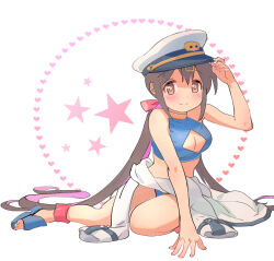 Rule 34 | 1girl, ankle cuffs, bare arms, bare shoulders, bikini, black hair, blue bikini, blush, breasts, brown eyes, cleavage cutout, clothing cutout, coat, coat around waist, colored inner hair, commentary, full body, hair ornament, hair ribbon, hairclip, hand on headwear, hat, heart, kyarahiba, long hair, looking at viewer, low twintails, medium breasts, multicolored hair, official alternate costume, official alternate hair length, official alternate hairstyle, onii-chan wa oshimai!, oyama mihari, peaked cap, purple hair, red ribbon, ribbon, simple background, smile, solo, star (symbol), swimsuit, twintails, very long hair, white background, white coat