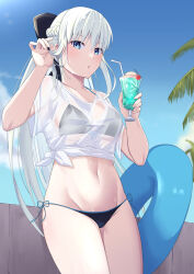 Rule 34 | 1girl, absurdres, alternate costume, bikini, bikini under clothes, black bikini, black bow, blue sky, blush, bow, braid, cloud, commentary, day, fate/grand order, fate (series), french braid, grey hair, hair bow, highres, holding, innertube, long hair, looking at viewer, morgan le fay (fate), natu zame, navel, outdoors, ponytail, see-through, see-through shirt, shirt, short sleeves, sky, solo, stomach, sunlight, swim ring, swimsuit, very long hair, wet, wet clothes, white shirt