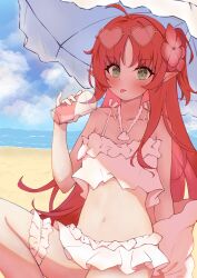 Rule 34 | 1girl, absurdres, ahoge, arknights, bare shoulders, beach umbrella, bikini, blue sky, blush, closed mouth, cloud, cloudy sky, collarbone, commentary request, cup, day, drinking glass, eyewear on head, feet out of frame, green eyes, hand up, heart, heart-shaped eyewear, highres, holding, holding cup, horizon, long hair, looking at viewer, myrtle (arknights), myrtle (summer flowers) (arknights), navel, nong liang he, ocean, one side up, outdoors, parted bangs, pointy ears, red hair, sky, solo, swimsuit, tongue, tongue out, umbrella, very long hair, water, white bikini