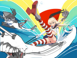 Rule 34 | 4girls, amatsukaze (kancolle), anchor hair ornament, black panties, blonde hair, blue sailor collar, brown eyes, commentary request, crop top, dress, dune (series), elbow gloves, gloves, grey hair, hair ornament, hair tubes, heavy cruiser princess, highleg, highleg panties, holding, holding reins, hood, hood up, kantai collection, long hair, long sleeves, miniskirt, multiple girls, open mouth, osananajimi neko, panties, pleated skirt, re-class battleship, reins, rensouhou-chan, rudder footwear, sailor collar, sailor dress, shimakaze (kancolle), simple background, skirt, striped clothes, striped thighhighs, tail, thighhighs, two side up, underwear, white gloves