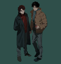 Rule 34 | 2boys, black coat, black eyes, black footwear, black hair, black pants, brown hair, brown jacket, can, closed mouth, coat, commentary, expressionless, full body, green background, green scarf, highres, holding, holding can, holding hands, ichijou seiya, jacket, kaiji, looking at viewer, male focus, medium bangs, multiple boys, murakami tamotsu, open clothes, open jacket, pants, red shirt, scarf, shirt, shoes, simple background, standing, turtleneck, xt1125cj, yaoi