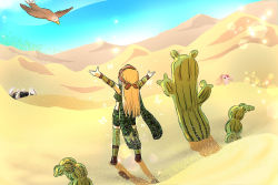 Rule 34 | 1girl, arms up, bandana, bird, blonde hair, blue sky, boots, bra strap, braid, breasts, brown footwear, brown headwear, cactus, camouflage, camouflage scarf, camouflage shorts, commentary request, day, desert, falcon, french braid, from behind, full body, gloves, green gloves, green scarf, green shorts, green thighhighs, green tube top, hode, in-universe location, lens flare, long hair, manoji, medium breasts, midriff, monster, outdoors, phreeoni, ragnarok online, ranger (ragnarok online), sand, scarf, shorts, sky, solo focus, standing, strapless, thighhighs, tube top
