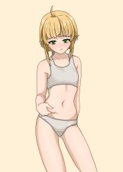 Rule 34 | 1girl, absurdres, ahoge, blonde hair, blush, bra, breasts, eyebrows hidden by hair, feet out of frame, gluteal fold, green eyes, grey bra, grey panties, highres, looking down, mushoku tensei, navel, norn greyrat, okikumo, panties, pinching, pinching belly, pout, simple background, small breasts, stomach, underwear, underwear only, weight conscious, yellow background