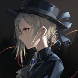 Rule 34 | 1girl, ascot, asymmetrical hair, black background, black coat, blue brooch, blue hat, blue ribbon, boater hat, closed mouth, coat, collared coat, collared shirt, expressionless, from side, grey eyes, grey hair, hair bun, hat, hat ribbon, highres, hiyaori (hiyahiyaval), light particles, profile, reverse:1999, ribbon, shirt, simple background, single side bun, solo, upper body, vertin (reverse:1999), white ascot, white shirt