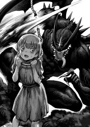 Rule 34 | 1girl, 1other, attempted suicide, black skin, colored skin, commentary request, cutting, demon, demon wings, dress, fingernails, freckles, gibagiba, greyscale, highres, holding, holding rope, long tongue, medium hair, monochrome, motion blur, no eyes, noose, open mouth, original, outdoors, rope, rope around neck, sharp fingernails, sharp teeth, short sleeves, spikes, sweatdrop, teeth, tongue, wings