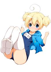 Rule 34 | 1girl, ahoge, bed sheet, blonde hair, blue eyes, blue one-piece swimsuit, blush, breasts, character name, chikanoko, closed mouth, collarbone, drawstring, dutch angle, from above, frown, full body, hair between eyes, hands up, hip focus, hood, hood down, hoodie, knees up, legs together, legs up, looking at viewer, lying, name tag, on back, one-piece swimsuit, open clothes, open hoodie, parted bangs, ragho no erika, school swimsuit, sheet grab, short hair, short twintails, simple background, small breasts, soles, solo, star (symbol), swimsuit, swimsuit under clothes, thighhighs, thighs, transparent background, twintails, uchino chika, white background, white thighhighs
