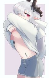 Rule 34 | 1girl, arknights, blue shorts, border, breasts, demon girl, demon horns, grey hair, hair ornament, highres, hood, hood down, hooded sweater, horns, large breasts, long hair, looking at viewer, material growth, mooootmt, mudrock (arknights), navel, no bra, oripathy lesion (arknights), outside border, pink background, pointy ears, red eyes, shorts, simple background, solo, sweater, underboob, undressing, white border, white sweater