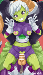 Rule 34 | 1boy, 1girl, alien, artist name, black hair, broly (dragon ball super), censored, cheelai, chicago-x, clenched teeth, colored skin, dragon ball, dragon ball super, erection, feet out of frame, green skin, happy sex, hetero, highres, interspecies, looking at viewer, moaning, muscular, muscular male, navel, no humans, outdoors, penis, penis out, pink eyes, pussy juice, saliva, sex, short hair, size difference, spiked hair, spread legs, stomach bulge, sweat, teeth, testicles, torn clothes, trembling, undressing, vaginal, white hair