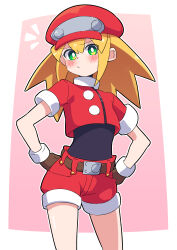 Rule 34 | 1girl, absurdres, blonde hair, blush, brown gloves, buzzlyears, closed mouth, gloves, green eyes, hands on own hips, highres, long hair, looking at viewer, mega man (series), mega man legends (series), red headwear, red shorts, roll caskett (mega man), short sleeves, shorts, solo