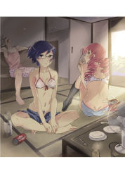 Rule 34 | 10s, 1boy, 2girls, artbook, barefoot, bikini, bikini top only, blue hair, border, bra, breasts, commentary, dimples of venus, dr pepper, drill hair, electric fan, feet, front-tie top, glasses, hakamichi shizune, hand fan, hands on feet, highres, hot, indian style, jpeg artifacts, katawa shoujo, kneehighs, lingerie, mikado shiina, moekki, multiple girls, nakai hisao, official art, open fly, panties, pink hair, scan, short hair, short shorts, shorts, sitting, sleeping, small breasts, socks, striped clothes, striped panties, sweat, swimsuit, tatami, twin drills, twintails, underboob, underwear, underwear only, unzipped