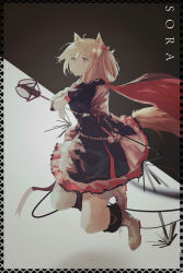 Rule 34 | 1girl, absurdres, ahoge, alcxome, animal ears, arknights, artist name, black background, black dress, black gloves, blonde hair, boots, border, closed mouth, commentary, cross-laced footwear, dress, english commentary, floating, fox ears, fox tail, frilled dress, frills, full body, gloves, grey background, hand on own chest, highres, looking up, medium hair, red eyes, red scarf, scarf, simple background, solo, sora (arknights), staff, tail, thighhighs, thighs, twintails, two-tone background, white footwear, white thighhighs, wolf ears, wolf tail