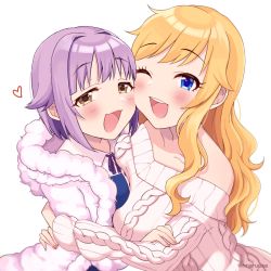 2girls :d asymmetrical_docking bare_shoulders blonde_hair blue_eyes blush breast_press brown_eyes cheek-to-cheek coat collarbone commentary_request fur-trimmed_coat fur_trim heads_together idolmaster idolmaster_cinderella_girls koshimizu_sachiko long_hair long_sleeves looking_at_viewer multiple_girls nako_narita off-shoulder_sweater off_shoulder ohtsuki_yui open_mouth short_hair simple_background smile sweater teeth upper_body upper_teeth_only white_sweater