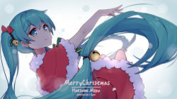 Rule 34 | 1girl, 2017, bell, blue eyes, blue hair, capelet, character name, dated, dress, floating hair, fur trim, hair between eyes, hair ribbon, hatsune miku, highres, long hair, merry christmas, outstretched arm, red dress, red ribbon, ribbon, santa costume, short dress, solo, twintails, very long hair, vocaloid, zhayin-san