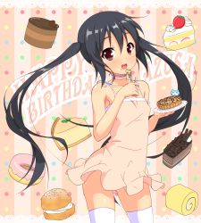 Rule 34 | 1girl, :d, black hair, blush, brown eyes, brown hair, cake, cake slice, dress, eating, food, fork, fruit, happy birthday, highres, holding, holding fork, k-on!, k10k, long hair, looking at viewer, nakano azusa, open mouth, plate, smile, solo, strawberry, thighhighs, twintails, white thighhighs