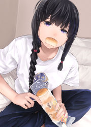 Rule 34 | 1girl, alternate costume, bed, black eyes, black hair, black pants, blunt bangs, braid, bread, commentary request, food, hair over shoulder, hair ribbon, highres, indian style, kantai collection, kitakami (kancolle), long hair, looking at viewer, mouth hold, pants, ribbon, shirt, sidelocks, sitting, solo, t-shirt, tress ribbon, white shirt, zombie mogura