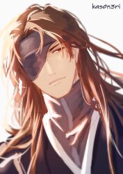 Rule 34 | 1boy, absurdres, aizen sousuke, black kimono, bleach, bleach: sennen kessen-hen, brown eyes, brown hair, close-up, closed mouth, commentary, dutch angle, english commentary, eyepatch, highres, japanese clothes, kas0n3ri, kimono, long hair, looking to the side, male focus, mature male, one eye covered, parted lips, sketch, solo, twitter username