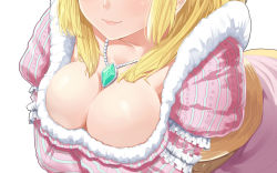 Rule 34 | 1girl, bad id, bad nicoseiga id, breast hold, breasts, cleavage, close-up, fur trim, head out of frame, highres, jewelry, kurinton, large breasts, omaru gyuunyuu, original, pendant, puffy sleeves, simple background, smile, solo, white background