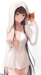Rule 34 | 1girl, artist name, blush, breasts, brown hair, cellphone, cleavage, dsr-50 (daybreak&#039;s whisper) (girls&#039; frontline), dsr-50 (girls&#039; frontline), girls&#039; frontline, heart, highres, holding, holding phone, large breasts, long hair, official alternate costume, phone, randgriz96, red eyes, selfie, smartphone, smile, solo, towel, towel on head, white background