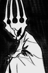 Rule 34 | 1other, black background, broken, cloak, crack, crown, ded-lime, fingernails, hand on own chest, highres, hollow eyes, hollow knight, horns, king, long sleeves, pale king (hollow knight), robe, solo, white cloak, white robe