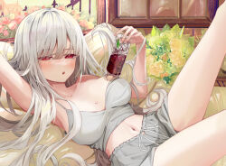 Rule 34 | 1girl, arm behind back, bare shoulders, bouquet, breasts, breasts apart, camisole, dolphin shorts, drink, flower, grey hair, grey shirt, grey shorts, highres, ice, ice cube, indoors, ito lab, large breasts, long hair, looking at viewer, lying, midriff, navel, on back, open mouth, original, red eyes, shirt, short shorts, shorts, solo, white hair